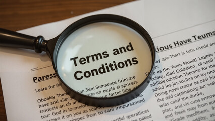 Close-up, High-Angle Shot of Magnifying Glass Focused on Legal Document, Official Contractual Terms