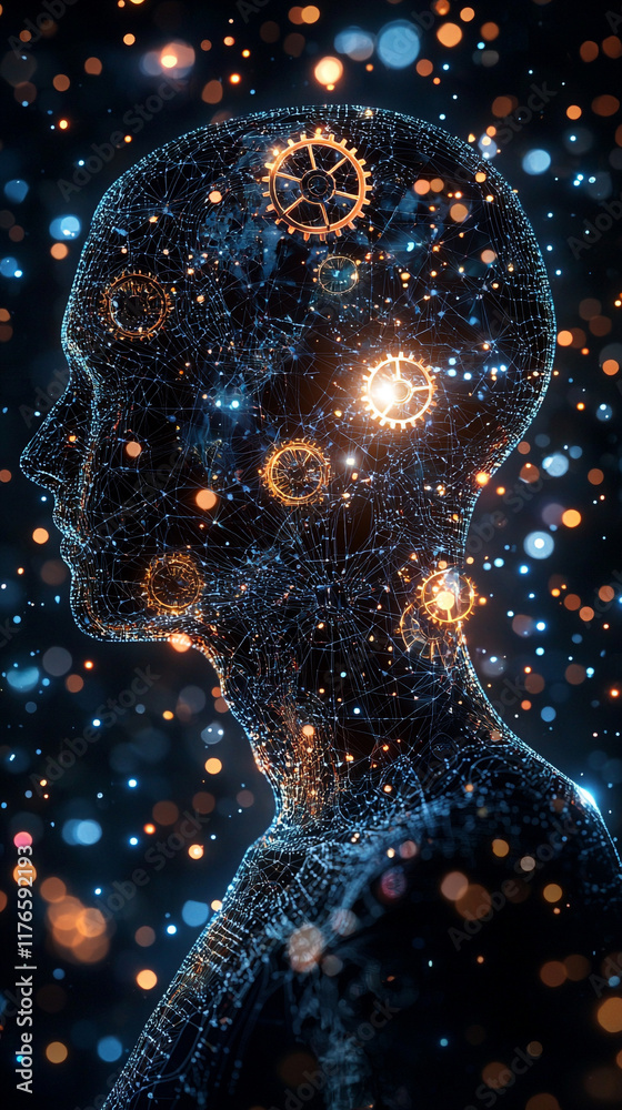 Wall mural ai artificial intelligence network digital head cogs gears technology concept