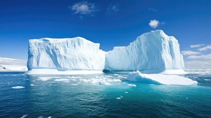 Massive icebergs floating in pristine blue ocean beneath clear sky