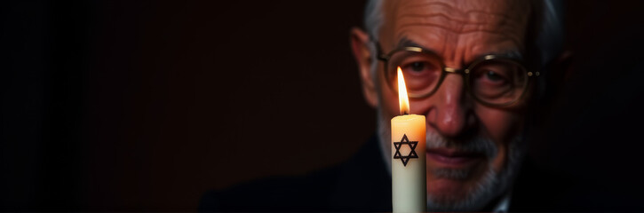 Elderly Man Holding Candle with Star of David in Dark Setting, Symbol of Reflection and Peace