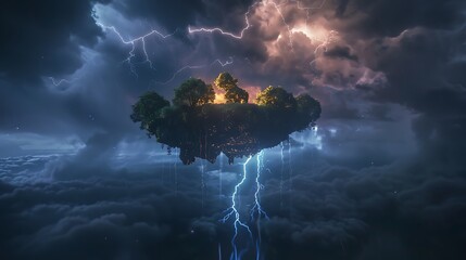 A floating island suspended above a thunderstorm, illuminated by flashes of lightning.