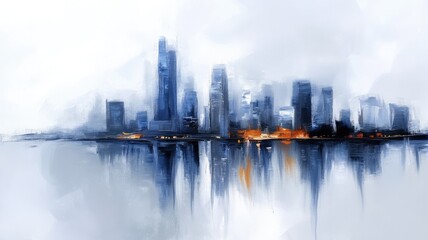 Fototapeta premium Abstract painting of city skyline reflected in water, with blue and gray color palette