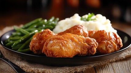 Delicious fried chicken served with mashed potatoes and green beans on a rustic plate.