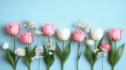 Beautiful Banner with Soft Pink and White Flowers on Light Blue Background for Spring and Celebration Themes