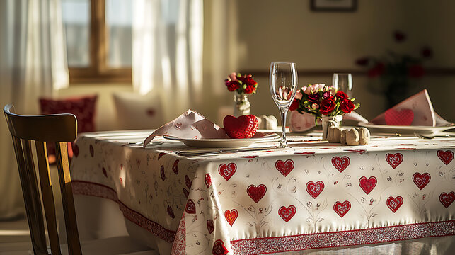 romantic table setting with heart themed decor, elegant tableware, and floral arrangements creates warm atmosphere