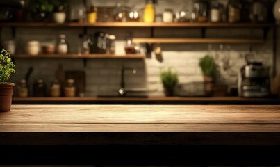 empty wooden table with copy space, on blurred kitchen background, and dark interior,, for product advertisement and display.