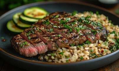Sliced steak, grilled zucchini, herb rice.