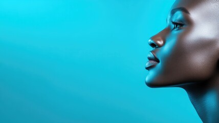 Profile of African female against blue background, lit dramatically