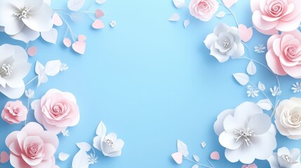 Fototapeta premium Elegant Banner Design Featuring Delicate White and Pink Flowers on Soft Light Blue Background for Creative Projects