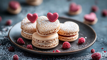 Delicious heart shaped cookies and macaroons topped with raspberries, perfect for celebrations