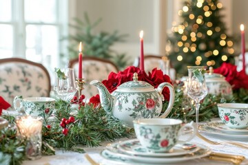Festive holiday tea party setting. AI.
