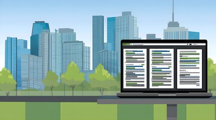 Obraz premium Data analysis event with laptop city skyline digital content urban environment aerial view technology insights