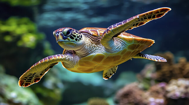 vibrant green sea turtle gracefully swims through colorful underwater environment, showcasing its intricate shell patterns and serene movement