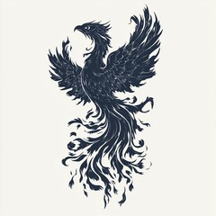 Obraz premium Dark phoenix illustration, stylized mythical bird with spread wings and flowing tail feathers.