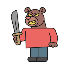 Bear holds machete and smiles