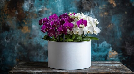Purple and white orchids in a pot, on a wooden table, textured background
