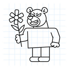 Doodle bear holds flower and smiles