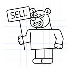 Doodle bear holds sign with inscription sell and smiles
