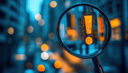Magnifying Glass Focuses on Exclamation Mark in Blurred Cityscape Night Photography