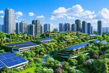 Obraz premium A green city powered by solar panels and covered with vertical gardens. Generative AI