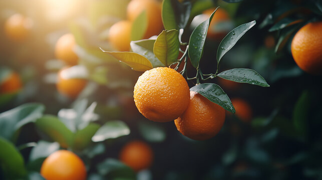 Bunch of fresh ripe oranges hanging on a tree in orange garden