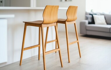 Bamboo Eco-Friendly Comfort Decor Ideas. Modern wooden bar stools in a bright, minimalistic kitchen setting.