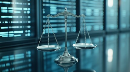 Law scales on background of data center. Digital law concept of duality of Judiciary, Jurisprudence and Justice and data in the modern world.
