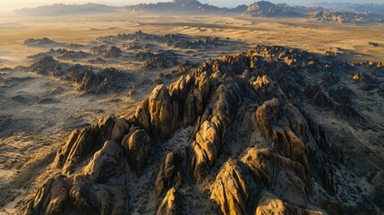 Golden sunlight bathes rugged desert landscape.