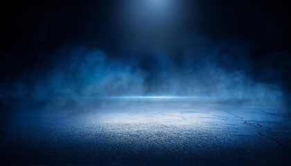 煙のある暗いアスファルトの背景素材。ライトアップされた暗いステージ。Dark asphalt background with smoke. Illuminated dark stage.