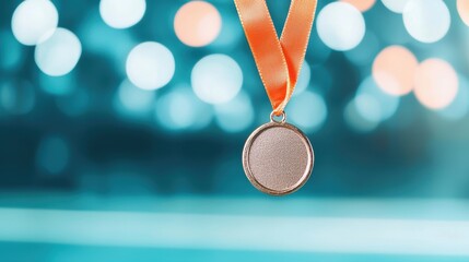 A bronze medal hanging on a ribbon with a blurred stadium background, representing third place, perseverance, and athletic achievement.