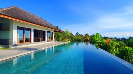 Fototapeta premium Modern villa with an infinity pool overlooking lush greenery and a clear blue sky.