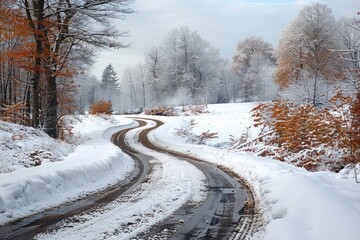 Obraz premium A winding snow covered road through a forest. AI generative. .