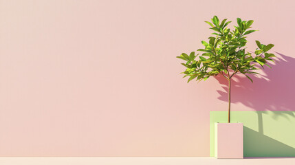 Obraz premium serene minimalist scene featuring green plant in white pot against soft pink wall. simplicity and calmness evoke sense of tranquility and modern design