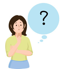 Cartoon people character design banner template question marks with young Asian woman in a thoughtful pose