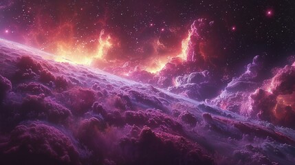 Obraz premium Purple and orange nebula with stars in the night sky. AI generative. .