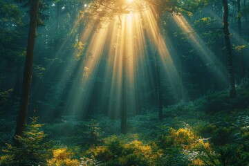 Obraz premium Sunbeams pierce a misty forest, illuminating yellow wildflowers on the forest floor. AI generative. .