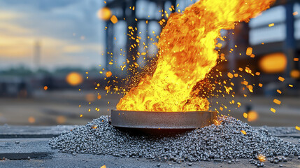 Molten metal pouring from steel production furnace, creating fiery display. scene captures intense heat and energy of industrial processes, showcasing transformation of materials