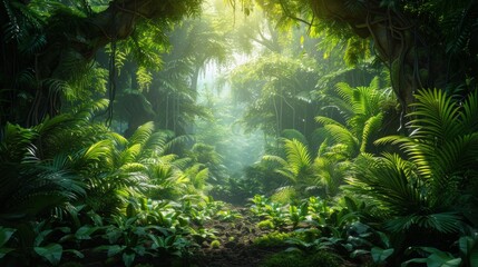 Obraz premium Lush tropical jungle with sunlight breaking through the foliage. AI generative. .