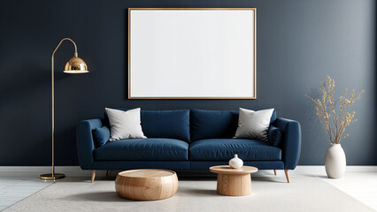 Elegant Living Room Interior with Dark Blue Walls and Stylish Furniture - Perfect for Modern Home Decor Themes, Featuring Navy Sofa, Wooden Coffee Tables, and Ceramic Vases