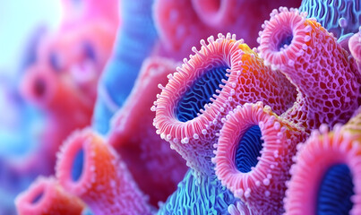 Vibrant pink and blue coral reef with intricate patterns and textures, showcasing the beauty and diversity of marine life