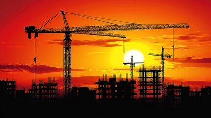 Silhouetted construction cranes against a vibrant sunset sky.
