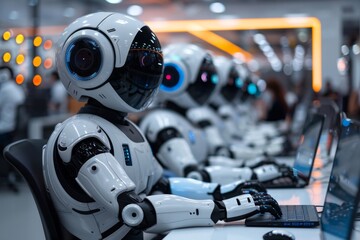 Fototapeta premium White humanoid robots with blue glowing eyes are working on laptops in a futuristic office. AI generative. .