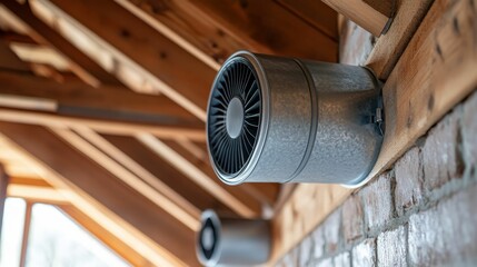 Ventilation fan installed on brick wall, wooden beams.