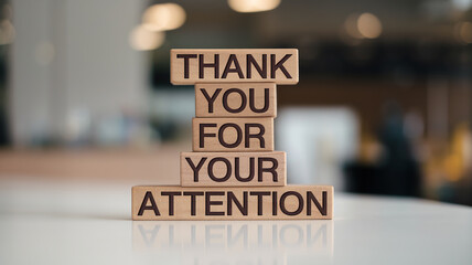 Four stacked wooden blocks on a white surface display "THANK YOU FOR YOUR ATTENTION" in dark font. A blurred indoor background adds a clean, professional tone, emphasizing gratitude, acknowledgment.