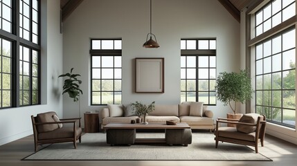 Mockup frame in farmhouse living room interior, 3d render