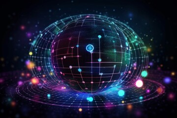 Obraz premium Neon grid globe with glowing dots, futuristic background. AI generative. .
