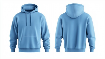 Sky blue hoodie mockup showing both front and back views 3D rendering of an empty crewneck hooded sweatshirt isolated for a loose overall fabric jumper. Generated by AI.