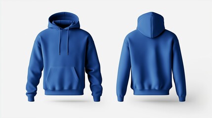 Blue hoodie mockup showing both front and back views 3D rendering of an empty crewneck hooded sweatshirt isolated for a loose overall fabric jumper. Generated by AI.