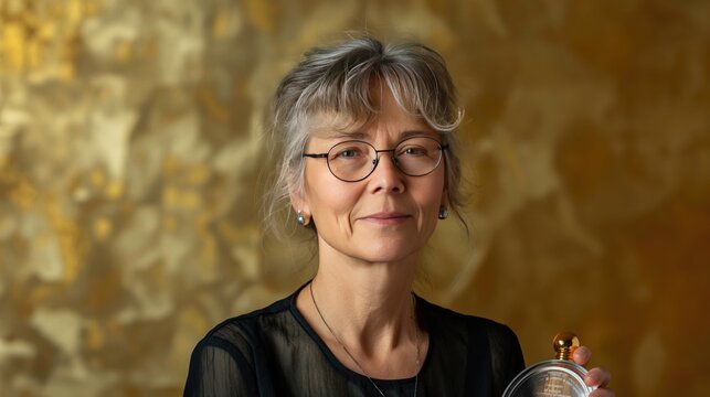 Portrait of a Nobel Prize-winning woman scientist holding her award against a gold backdrop 