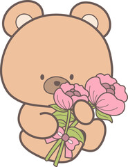 Bear Holding Pink Flowers